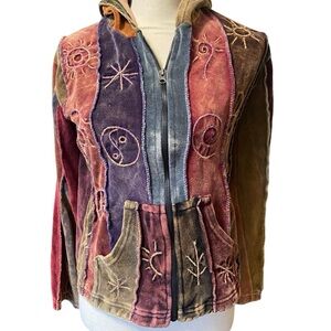 Rising International Boho Patchwork Hippie Zip Up Hoodie Jacket Nepal size (M)